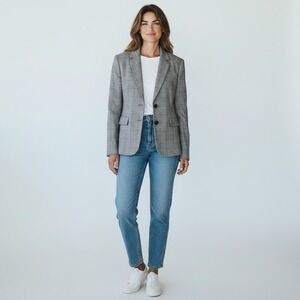 Talbots Womens Grey Glen Plaid 100% Wool 3-Button Classic Blazer Jacket Size 14